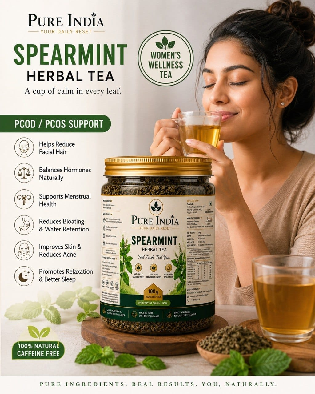 Pure Spearmint Herbal Tea — lifestyle shot with benefits list